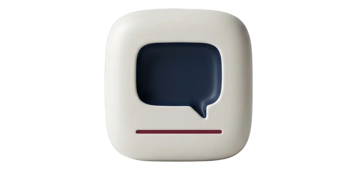 A sculpted off-white dialogue object with a recessed navy speech-bubble opening: a contained conversation.